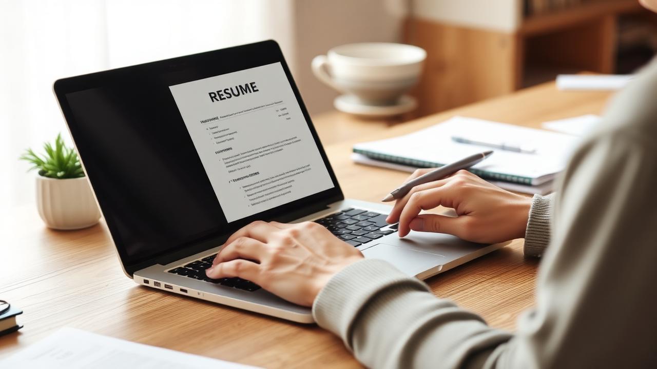 Arbetssökande som granskar ett tydligt svenskt CV vid en dator med platsannonsen bredvid